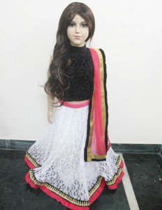 Self Net White Lehenga With Black Velvet Choli